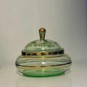Vintage Green with Gold Accent Elegant Glass Covered Candy Dish